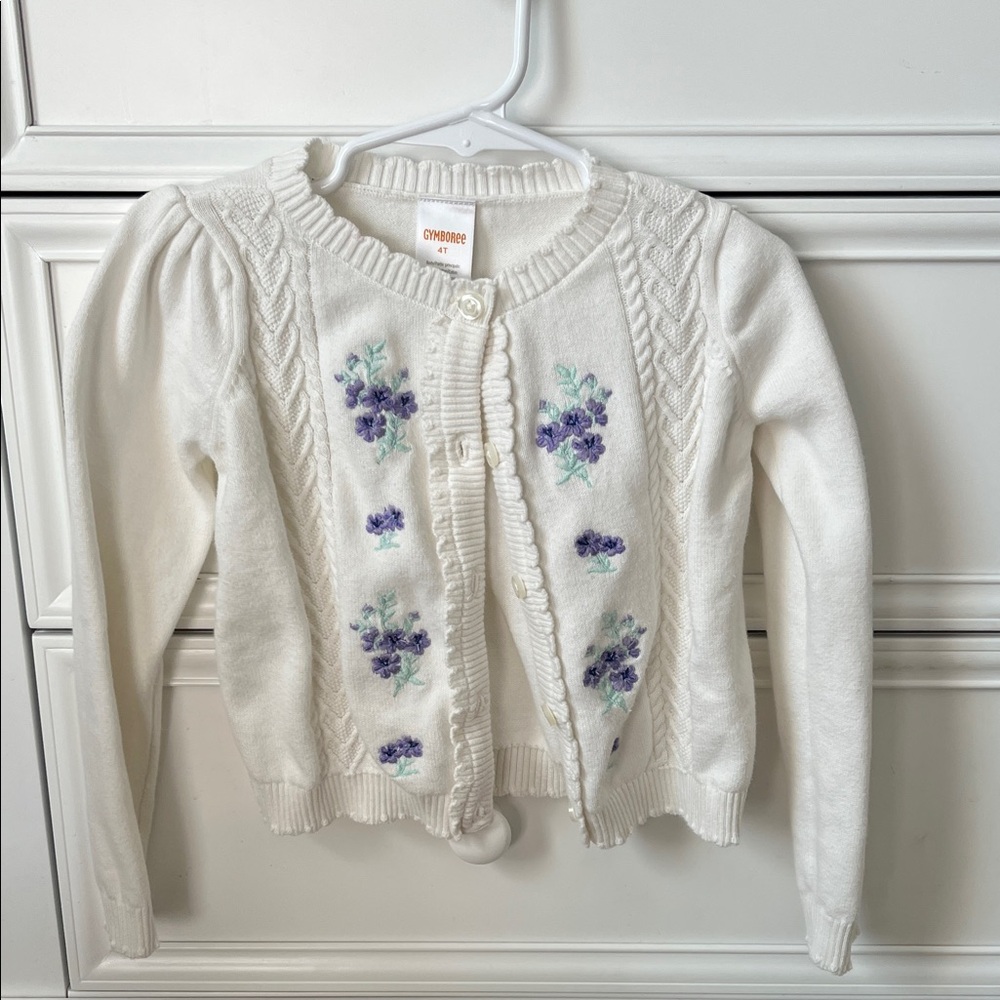 Gymboree White Cardigan with Purple Floral Design